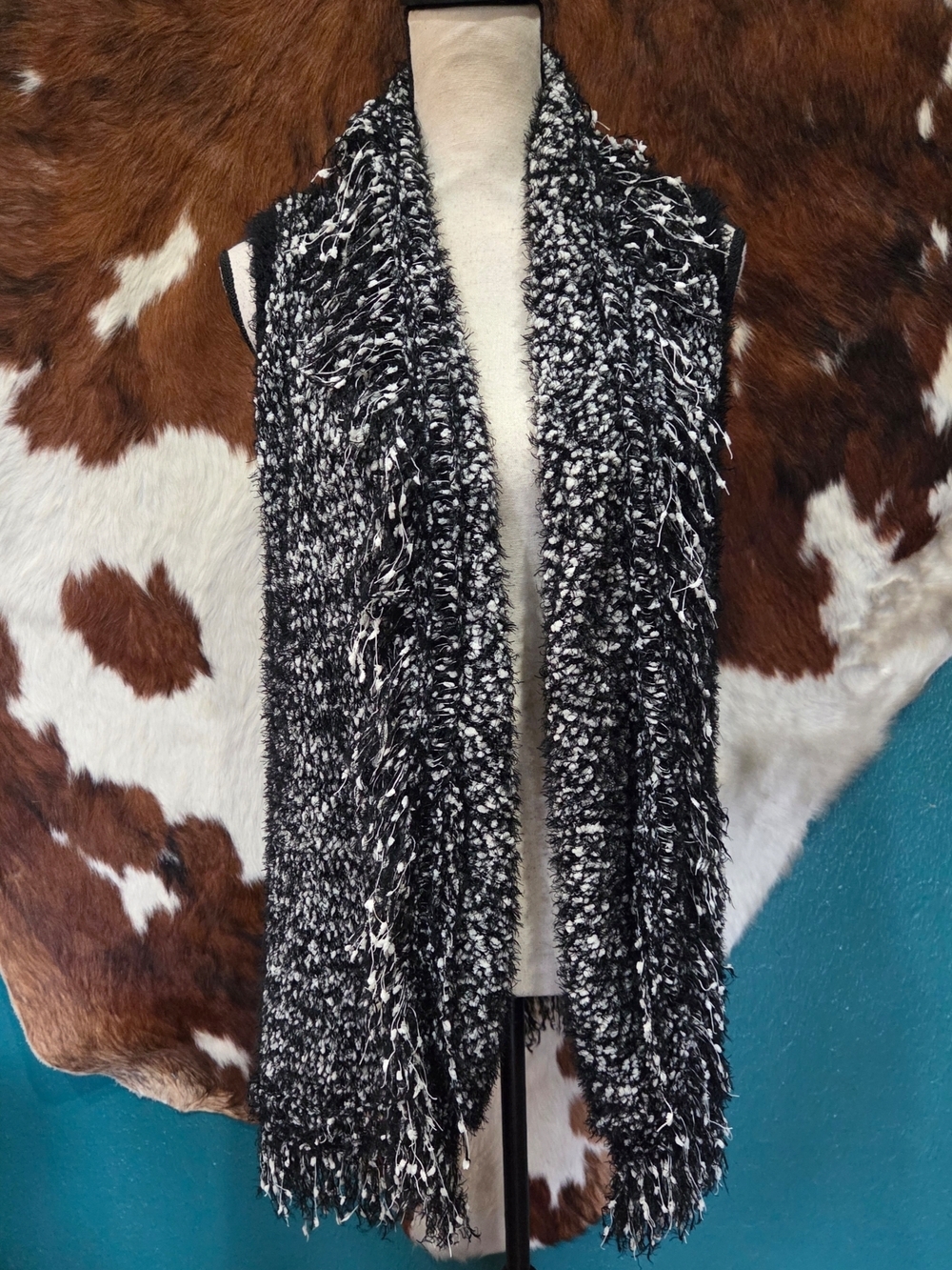 Cato Black & White Textured Fringe Open Vest